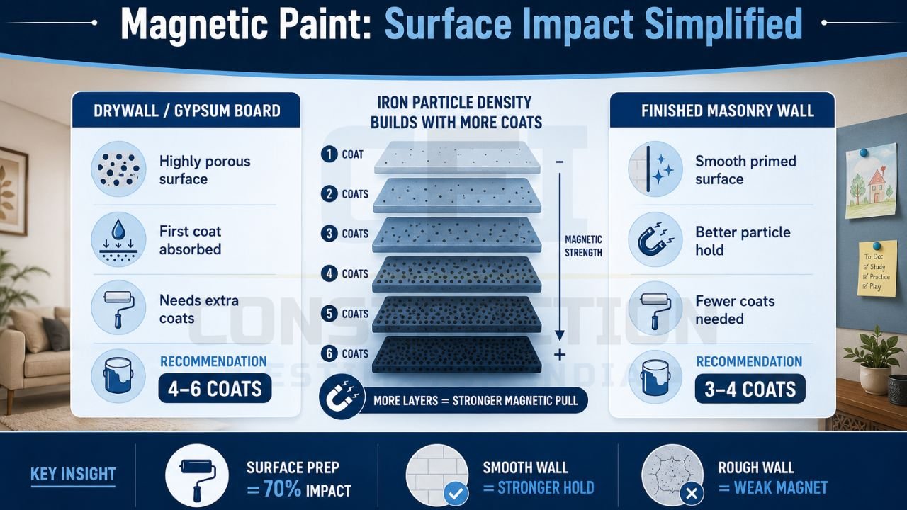 Comparison infographic showing how wall surface type affects magnetic paint strength and required coat count