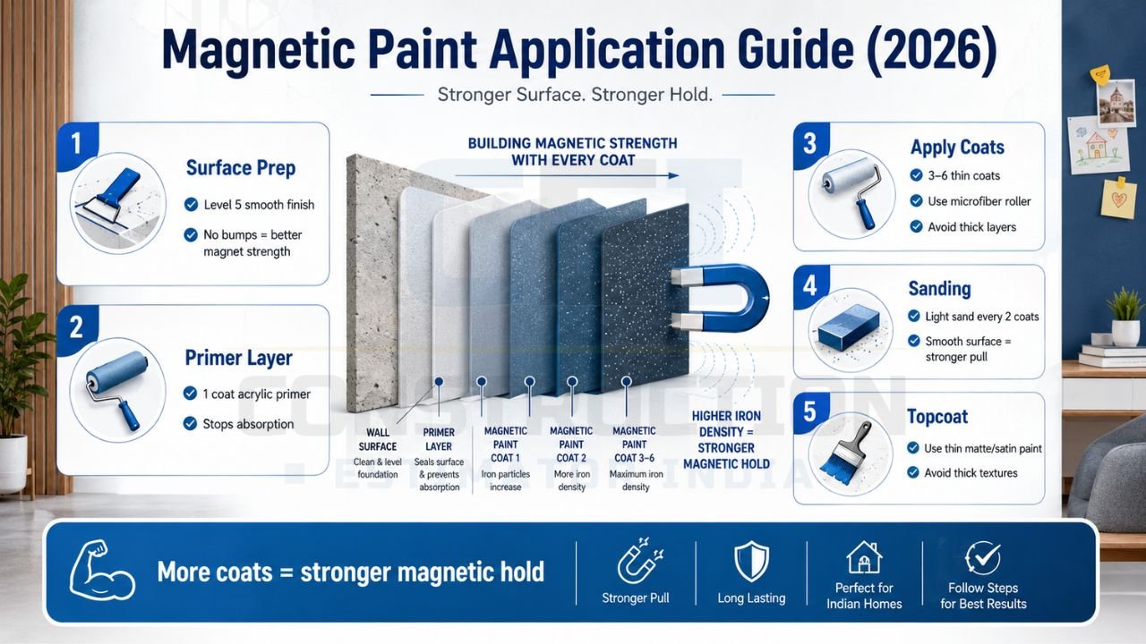 Step-by-step guide showing how to apply magnetic paint with primer, multiple coats, sanding, and topcoat application