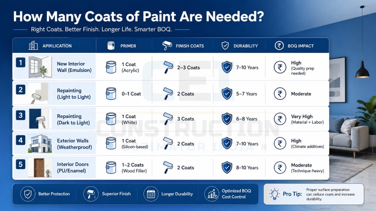 Paint coats guide showing primer, finish coats, durability, and BOQ for interior and exterior walls