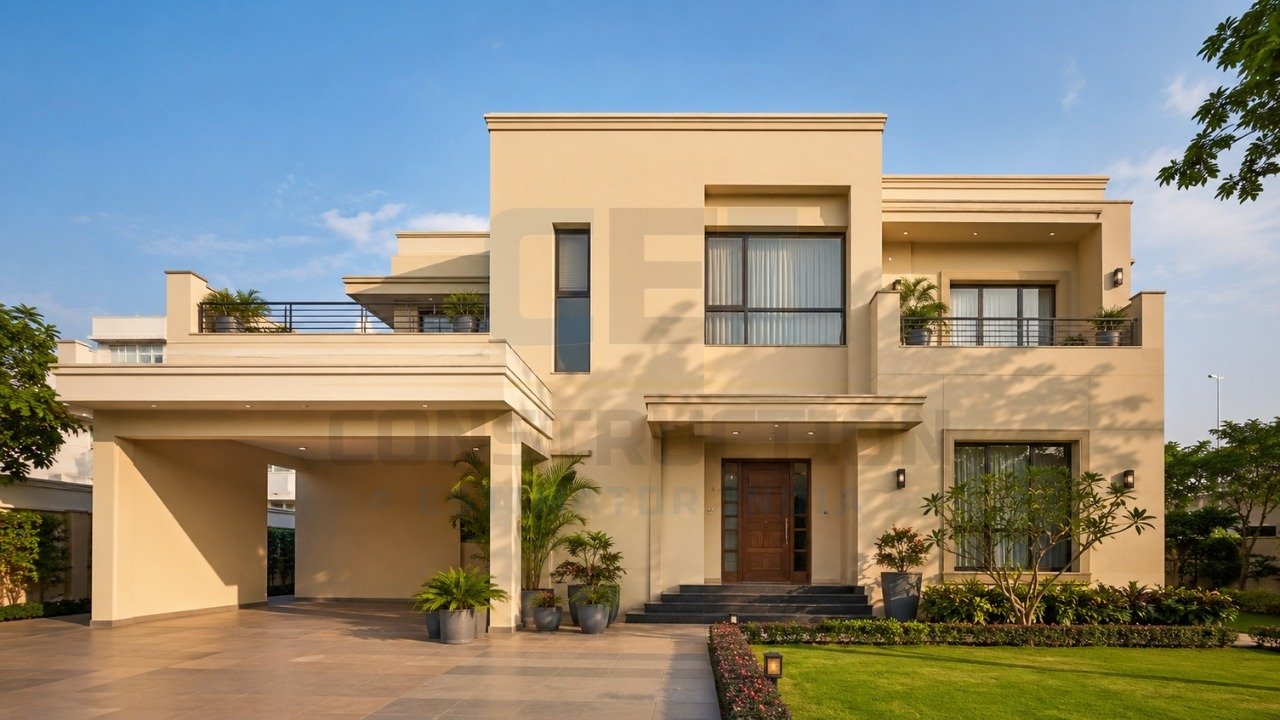 Modern luxury two-story home exterior with balcony, garden, and car porch