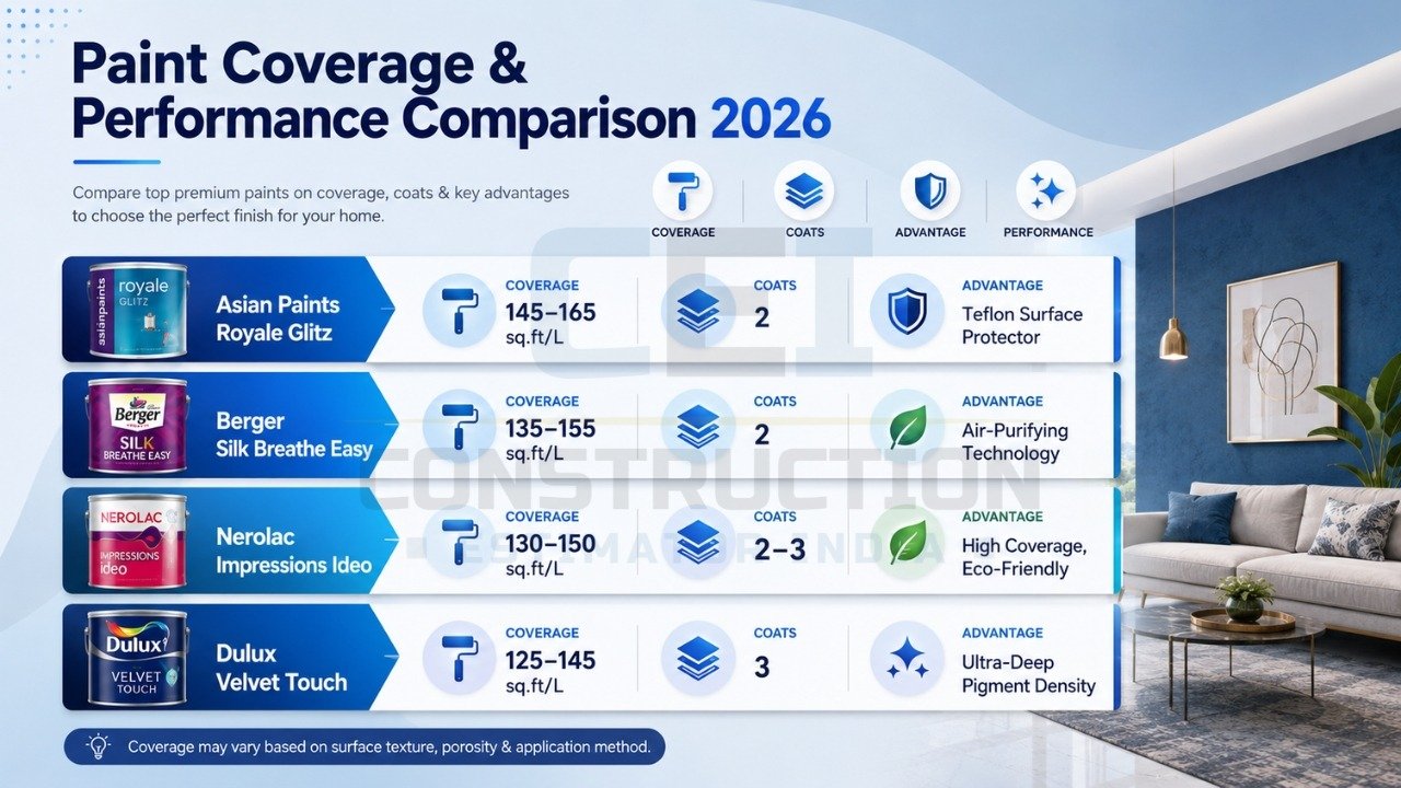 Paint coverage comparison 2026 with Asian Paints, Berger, Nerolac, and Dulux coverage and performance