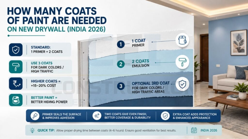 Step-by-step infographic showing primer coat and multiple paint coats required for drywall painting