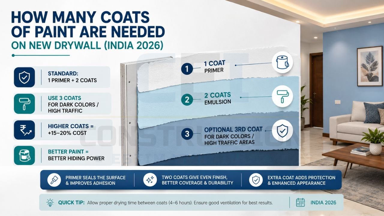 Step-by-step infographic showing primer coat and multiple paint coats required for drywall painting