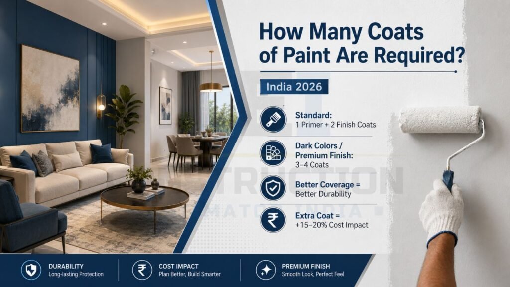 Home interior infographic explaining standard primer and finish coat requirements for wall painting