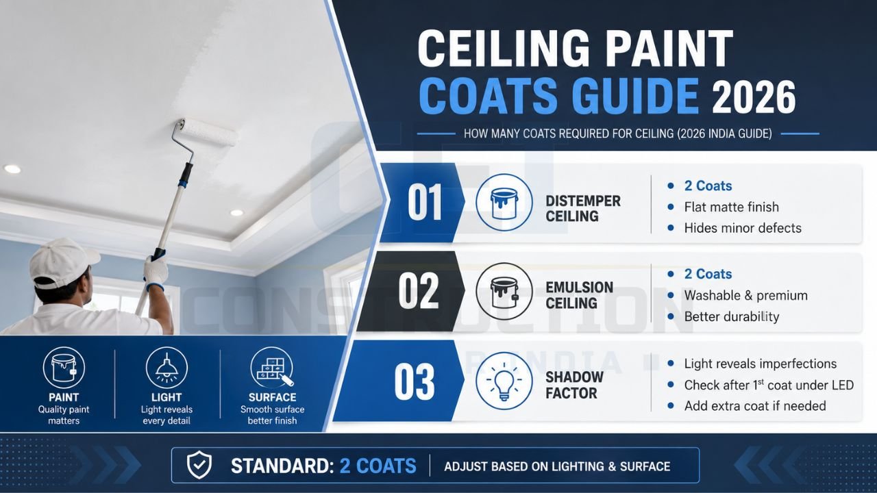 Ceiling painting guide showing recommended paint coats for distemper and emulsion ceiling finishes