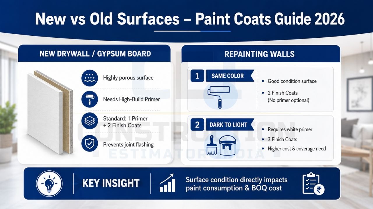 Comparison infographic showing recommended paint coats for new drywall and repainting old walls
