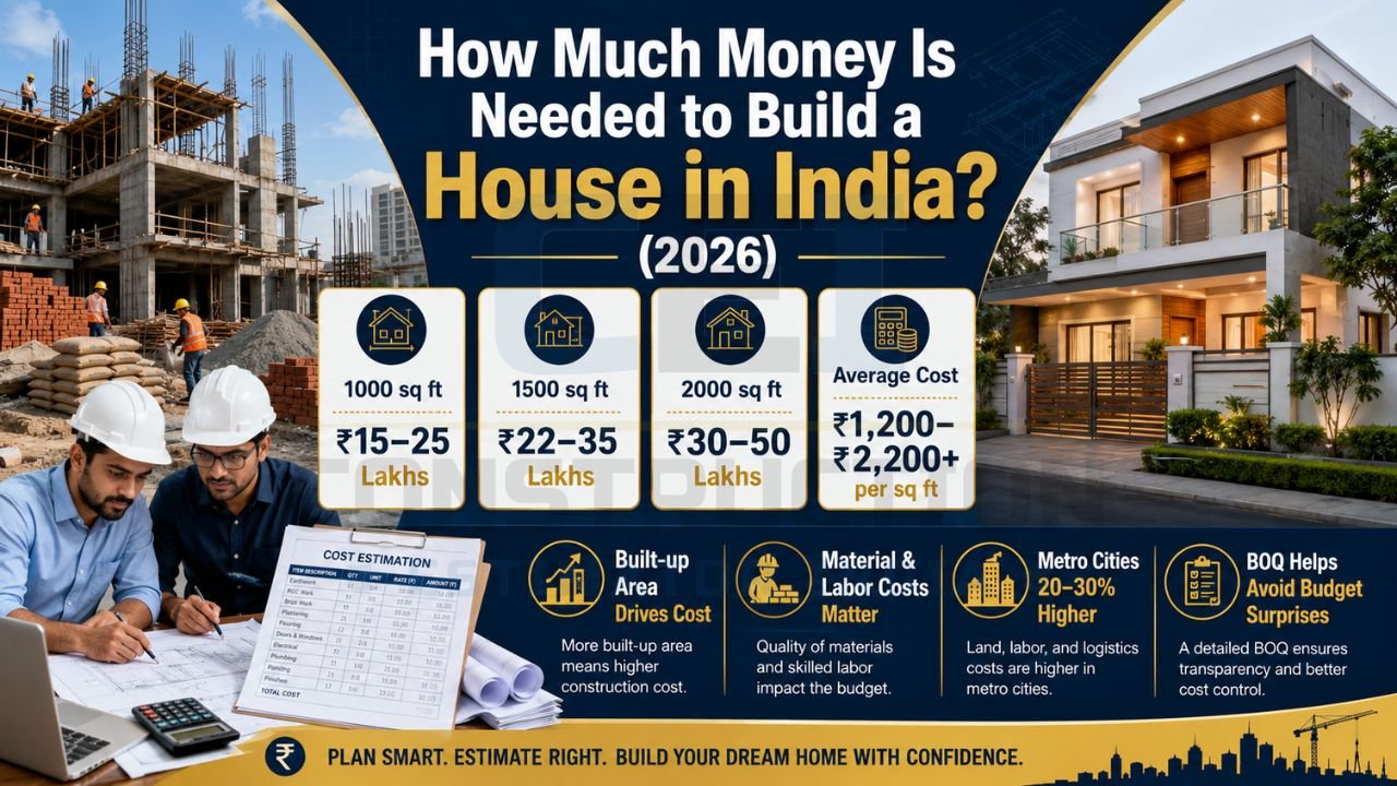 Home construction cost estimate for India showing approximate budgets for 1000 sq ft, 1500 sq ft, and 2000 sq ft homes with per square foot construction rates.