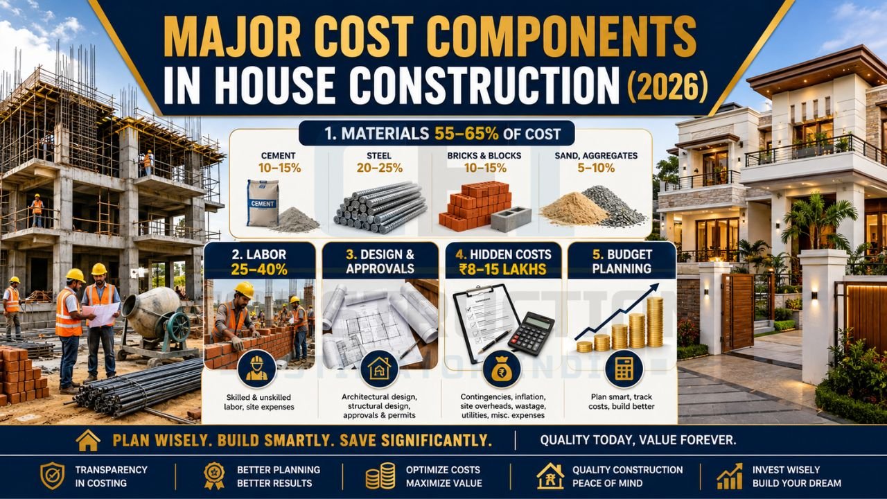 Breakdown of house construction costs showing materials, labor, design fees, approvals, hidden expenses, and budget planning considerations.