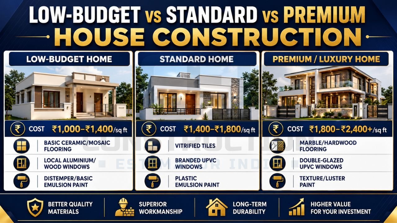 Comparison of low-budget, standard, and premium house construction costs in India, highlighting flooring, windows, paint quality, and cost per square foot.