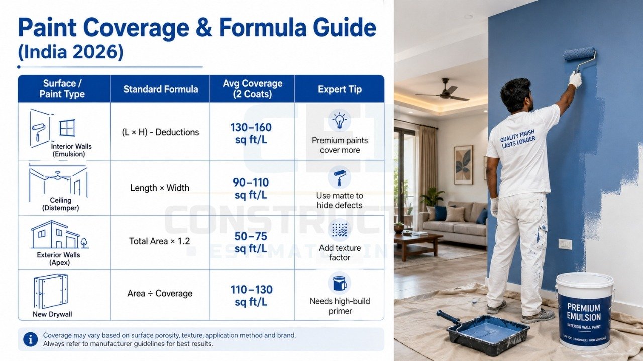 Paint coverage and formula guide India 2026 showing interior, ceiling, exterior, and drywall coverage per litre