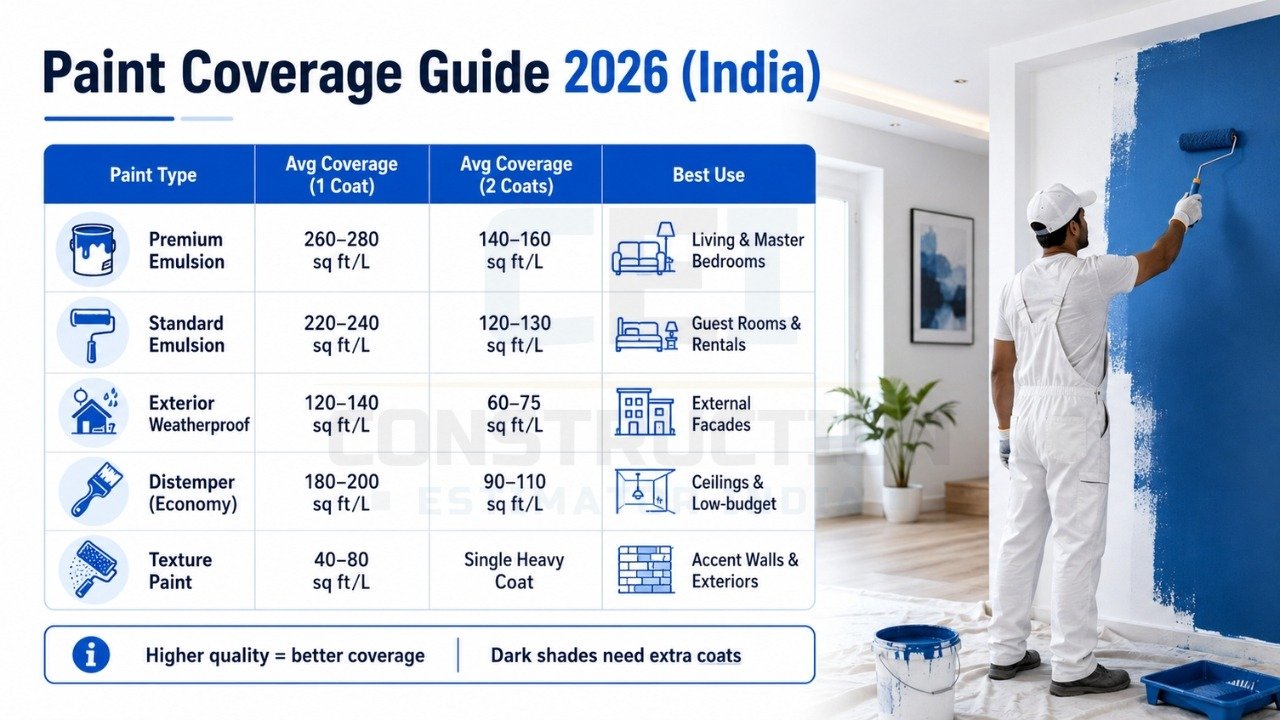 Paint coverage guide India 2026 showing emulsion, exterior, distemper, and texture paint coverage per litre