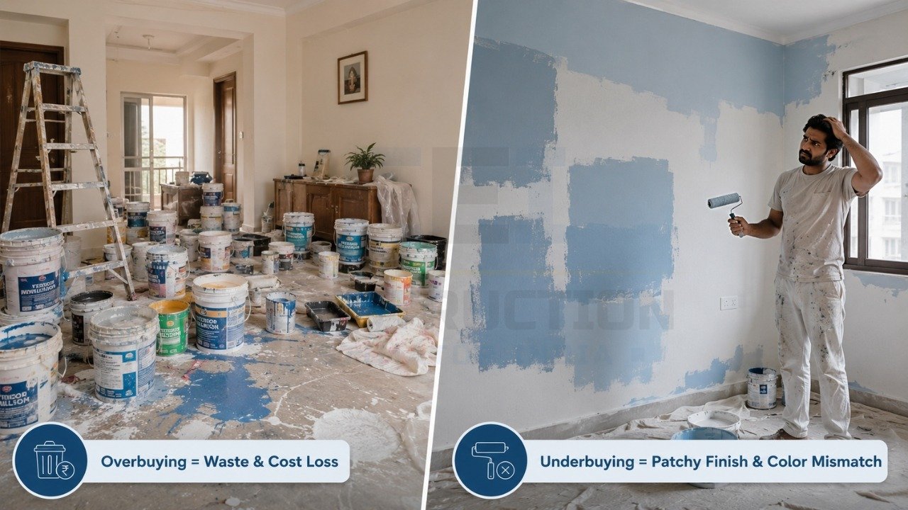 Overbuying vs underbuying paint comparison showing waste, cost loss, and patchy wall finish