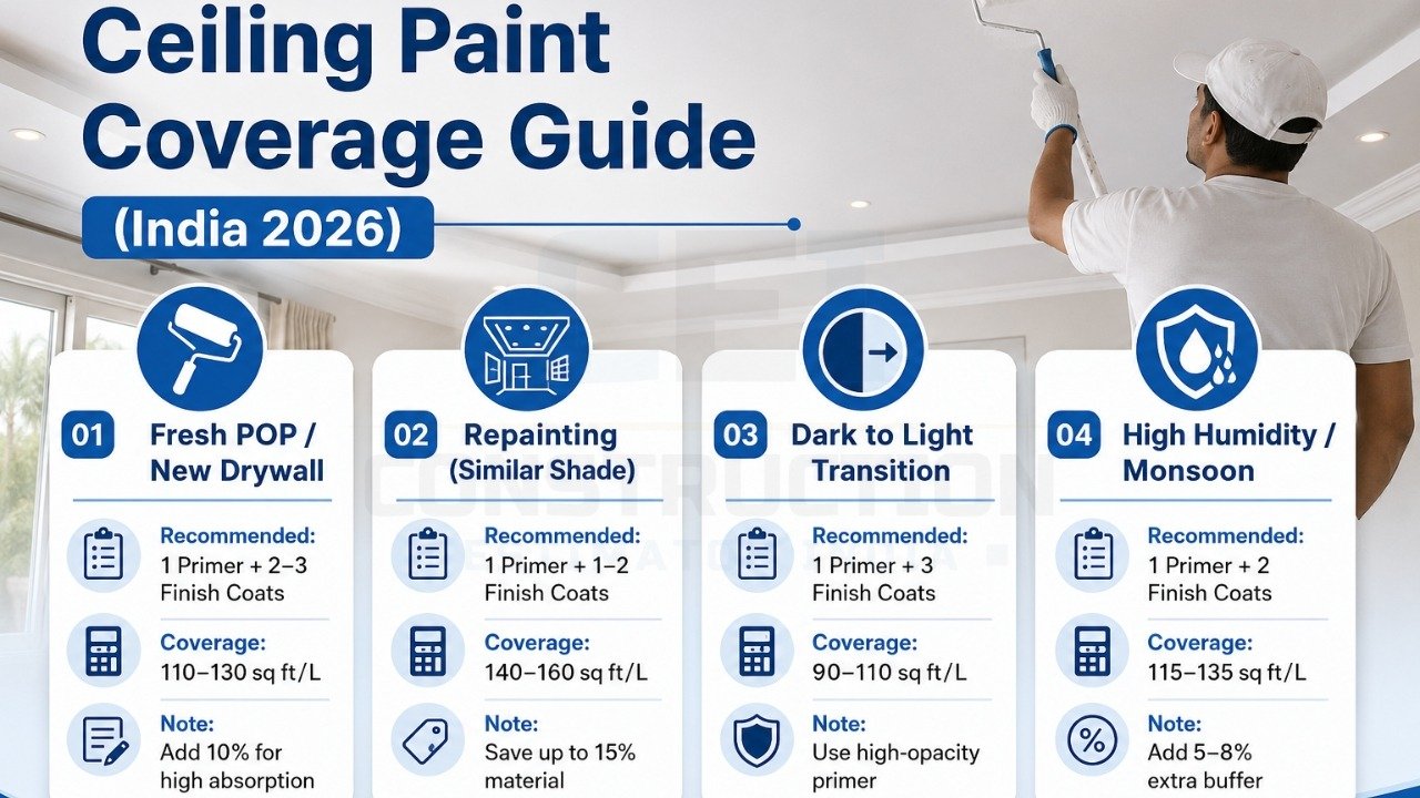 Ceiling paint coverage guide India 2026 showing primer and finish coat recommendations for new drywall, repainting, dark-to-light transition, and humid conditions