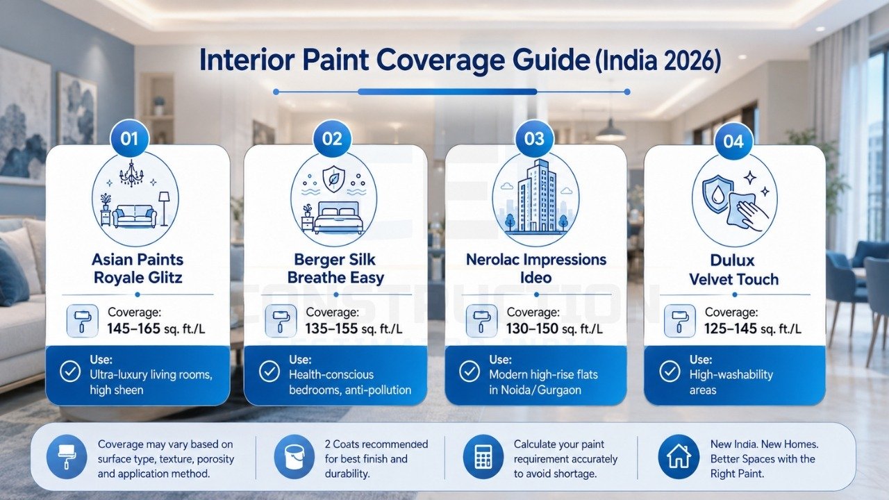 Interior paint coverage guide India 2026 comparing Asian Paints, Berger, Nerolac, and Dulux with coverage and usage