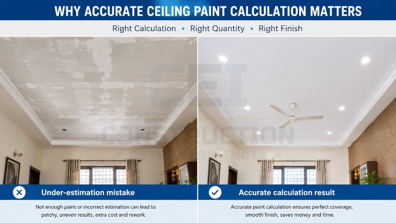 Ceiling paint calculation importance showing under-estimation mistake vs accurate calculation result with smooth finish