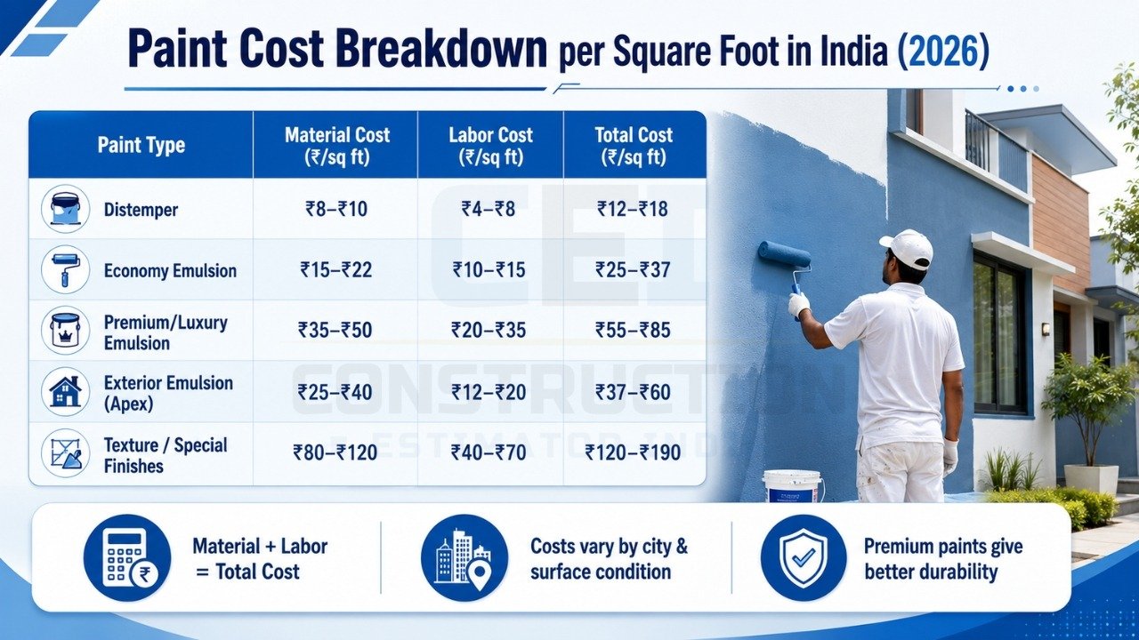 Paint cost breakdown per square foot in India 2026 showing distemper, emulsion, exterior, and texture paint pricing