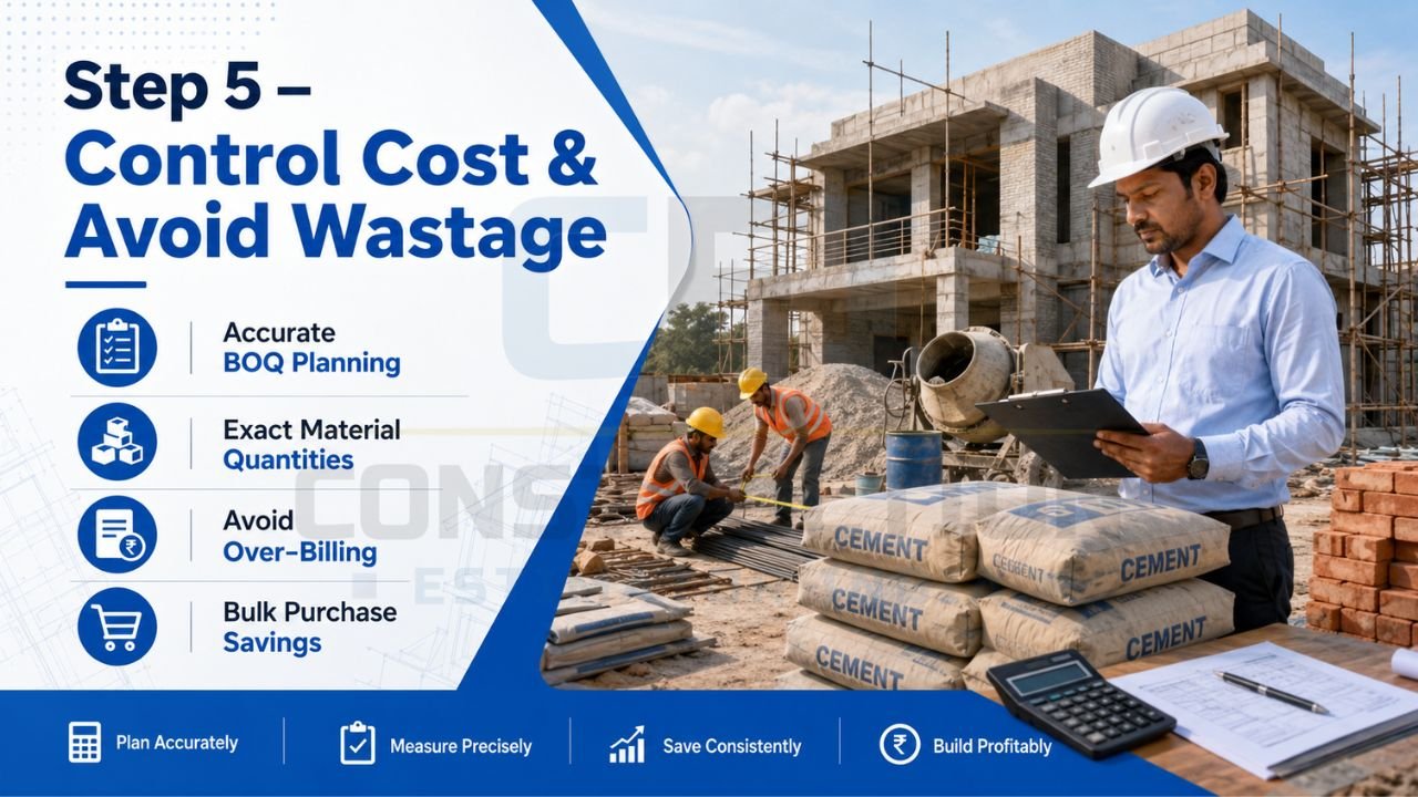 Construction cost control and BOQ planning guide showing material quantity management, budgeting, bulk purchase savings, and waste reduction during house construction.