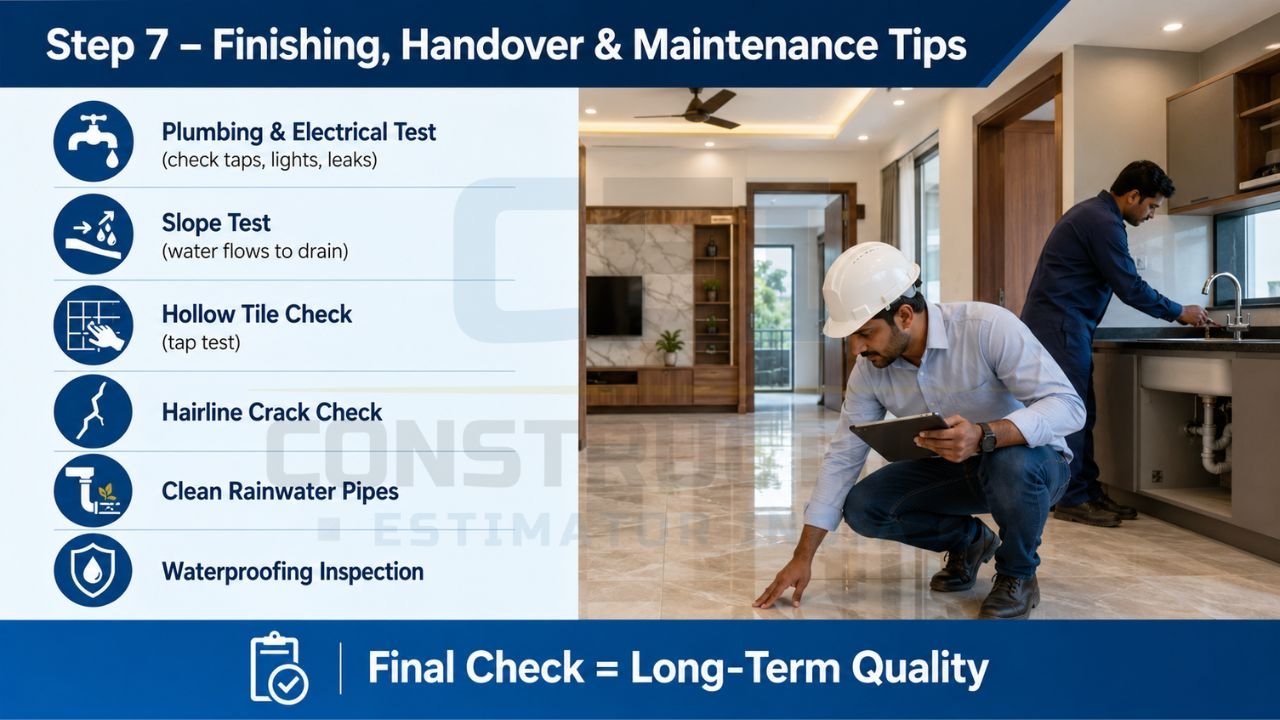Final construction inspection and handover checklist showing plumbing tests, waterproofing inspection, slope testing, crack checks, and maintenance tips for new homes in India.