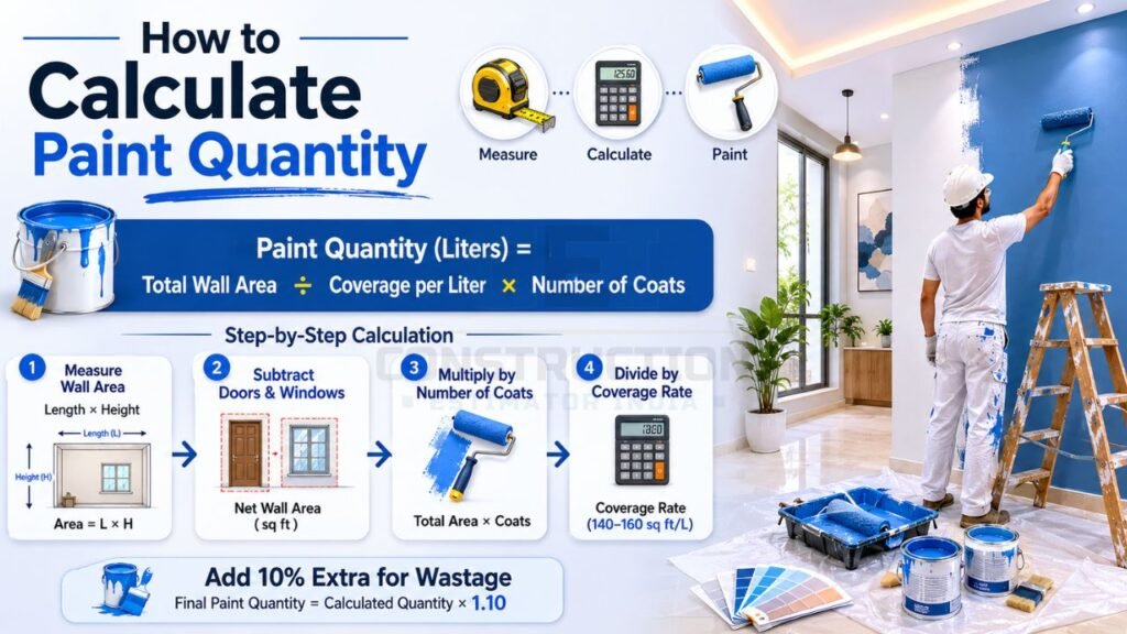 Step-by-step guide to calculate paint quantity for bedroom walls using wall area, coverage rate, and number of coats