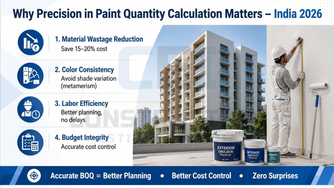 Paint quantity estimation infographic showing cost savings, color consistency, labor efficiency, and BOQ planning for Indian projects