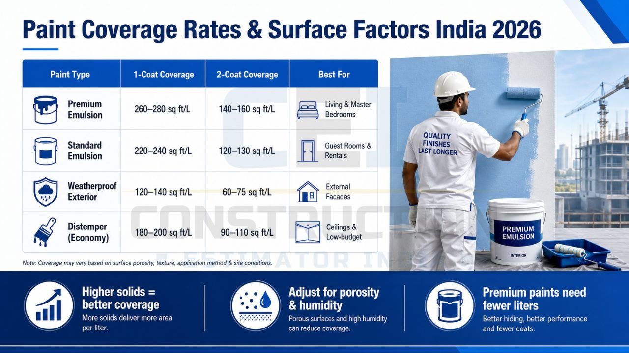 Paint coverage comparison chart for premium emulsion, standard emulsion, waterproof exterior paint, and distemper in India