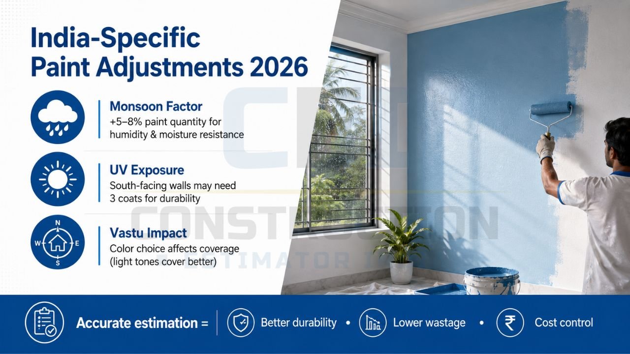 Indian climate paint adjustment infographic showing monsoon factor, UV exposure, humidity impact, and vastu considerations