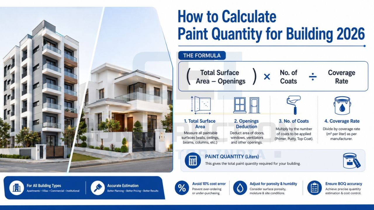 Building paint quantity calculation formula infographic showing surface area, openings deduction, coats, and coverage rate