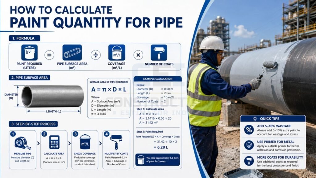 Industrial pipe paint quantity calculation infographic showing pipe surface area formula, paint coverage, and coating calculation