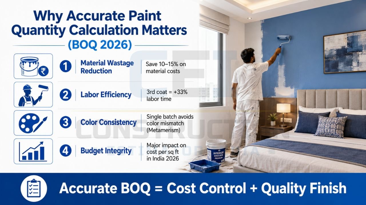 Paint quantity estimation infographic showing cost savings, labor efficiency, color consistency, and budget control for interior painting