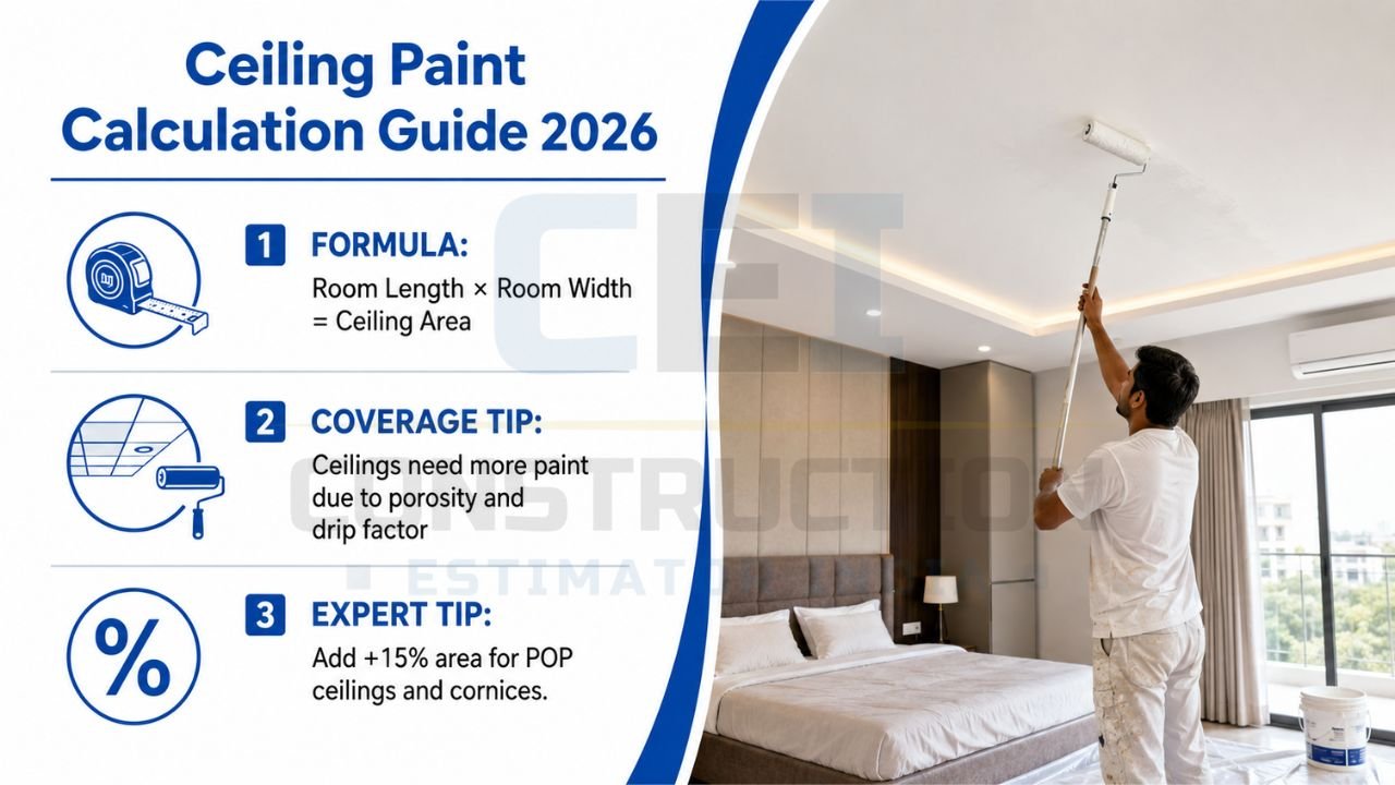 Ceiling paint quantity calculation infographic showing room area formula, coverage tips, and expert estimation advice