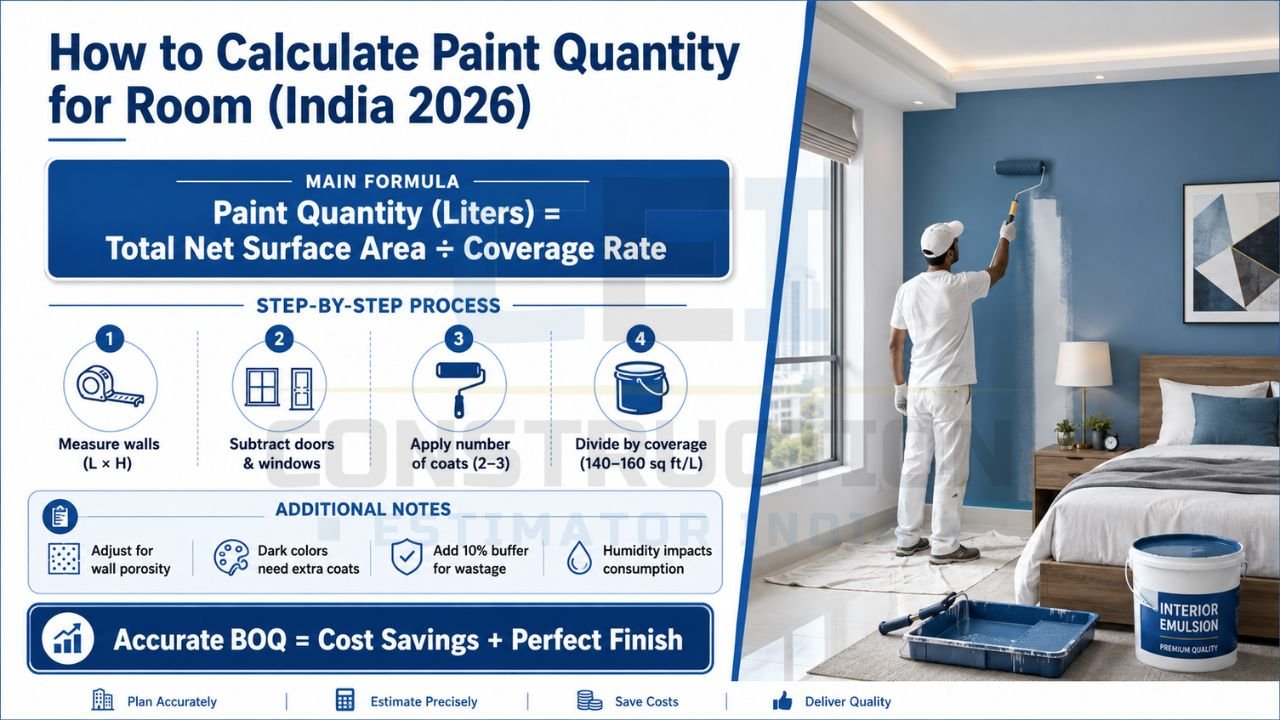 Room paint quantity formula infographic showing wall measurement, openings deduction, coats calculation, and paint coverage rate