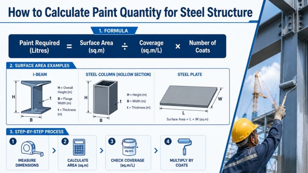 Steel structure paint quantity calculation infographic showing surface area formulas for I-beams, steel columns, and steel plates