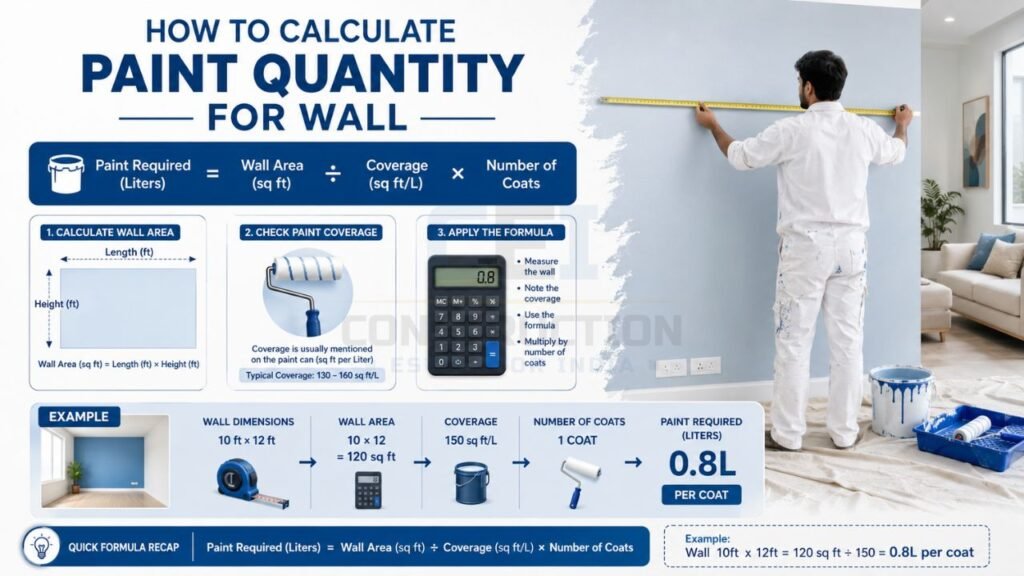 Wall paint quantity calculation infographic showing wall area formula, paint coverage rate, and number of coats for interior painting