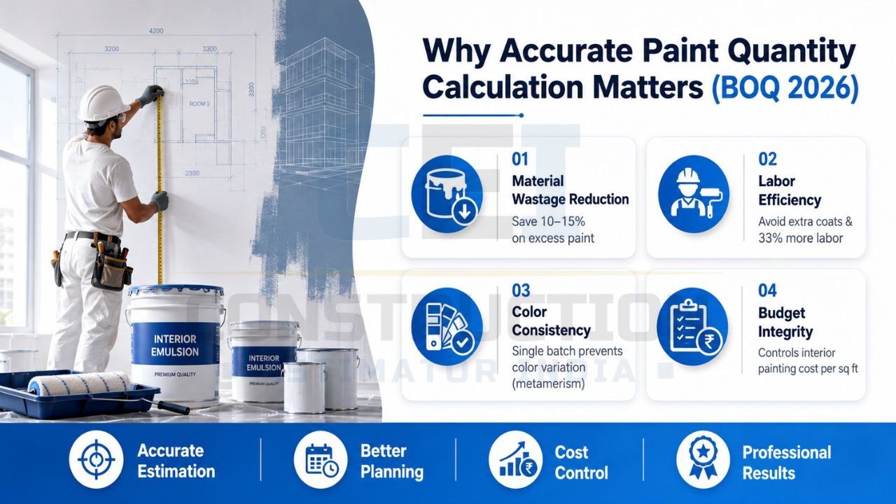 Paint quantity calculation infographic showing estimation benefits, material savings, labor efficiency, and BOQ planning