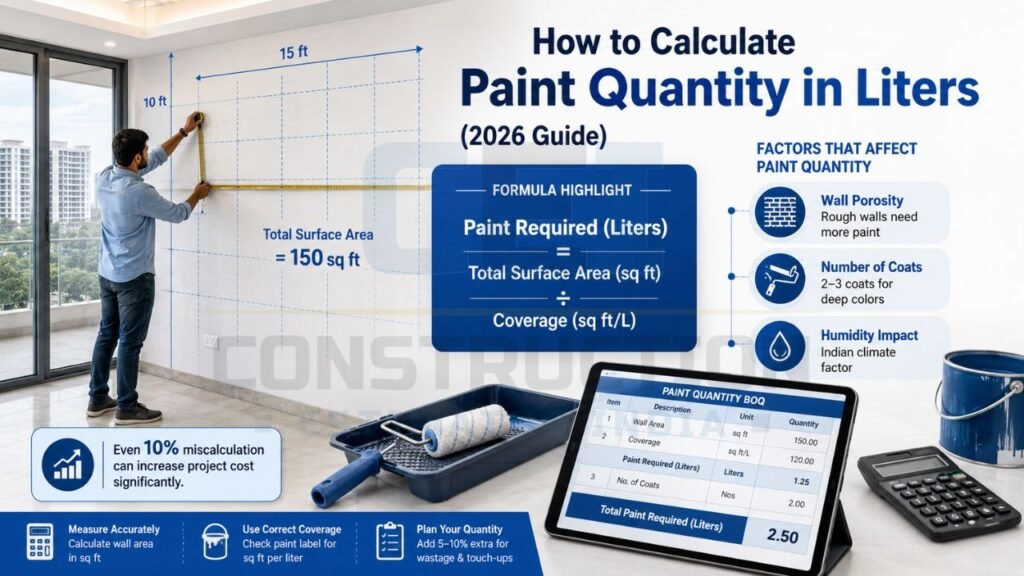 Step-by-step paint quantity calculation guide showing wall measurement formula, paint coverage, and estimation factors