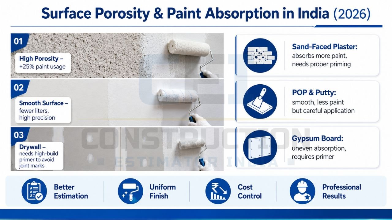 Paint absorption infographic comparing porous walls, smooth surfaces, drywall, plaster, putty, and gypsum board paint usage