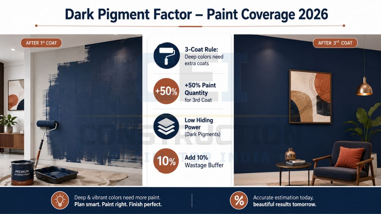 Dark blue wall paint coverage infographic showing first coat vs third coat results and extra paint requirement for deep colors