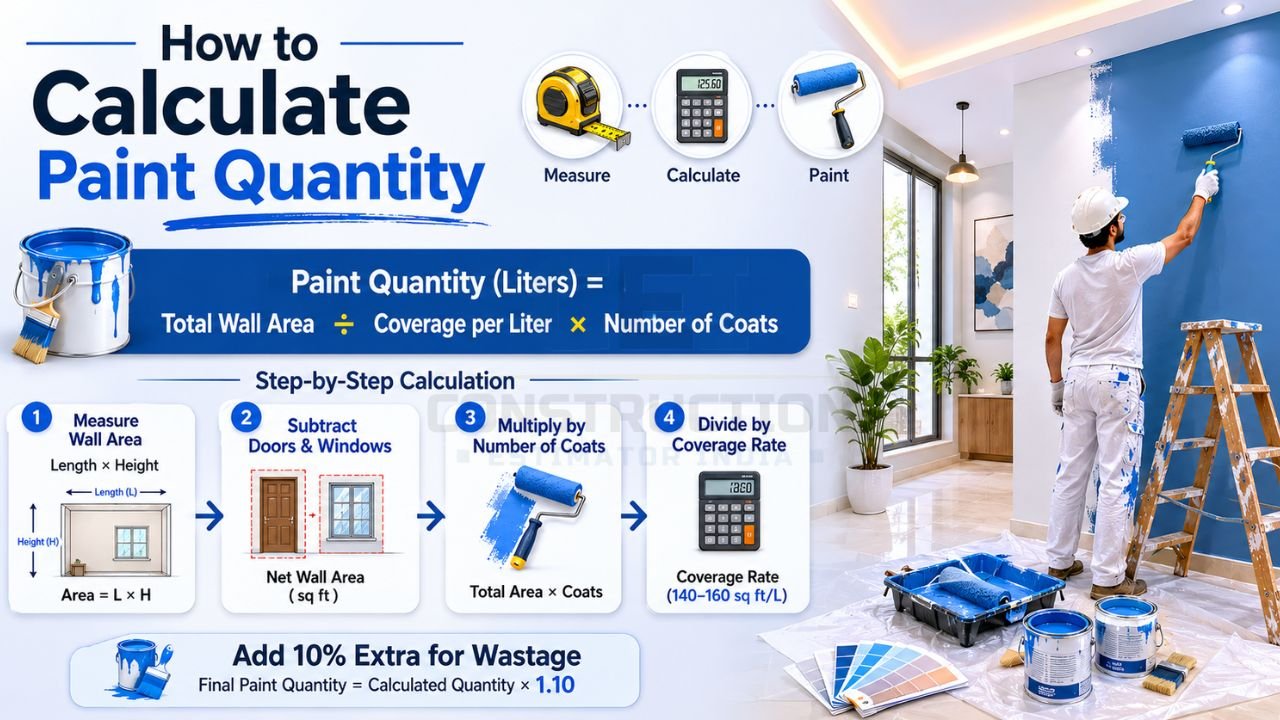 Step-by-step guide to calculate paint quantity for bedroom walls using wall area, coverage rate, and number of coats