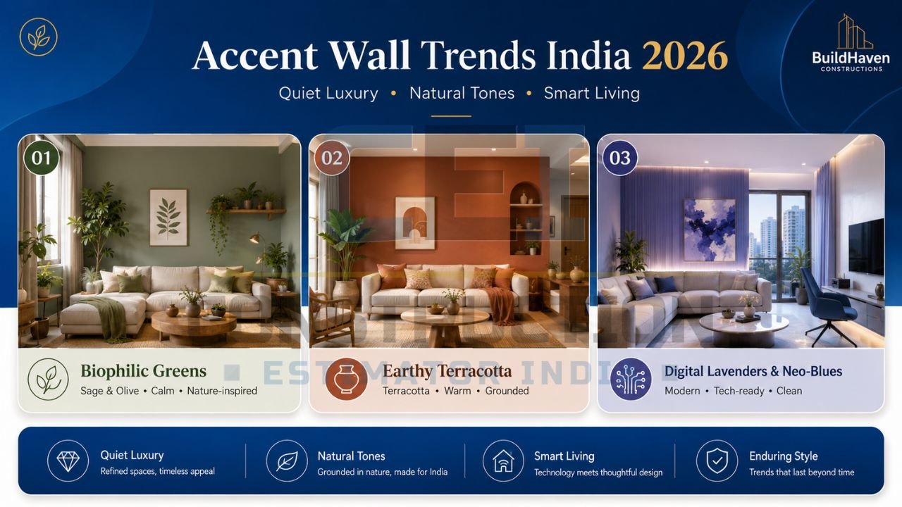 Modern Indian accent wall trends featuring biophilic green, earthy terracotta, and digital lavender interiors