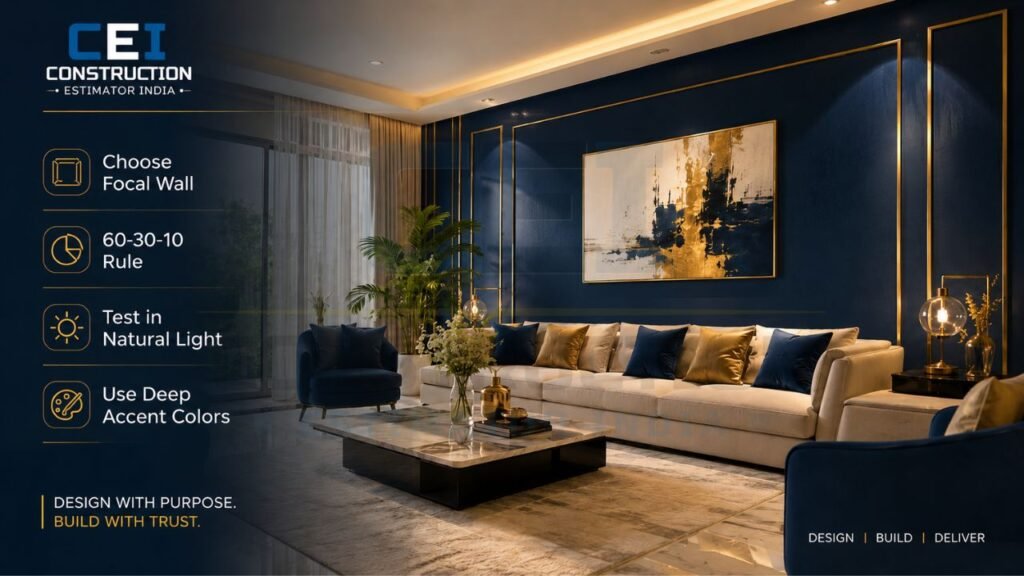 Luxury living room with deep navy accent wall, gold detailing, and modern interior design tips