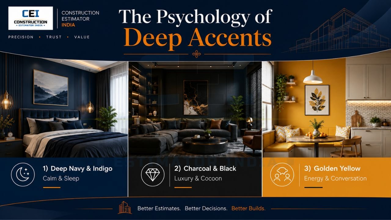 Interior color psychology guide featuring navy blue, charcoal black, and golden yellow accent color themes