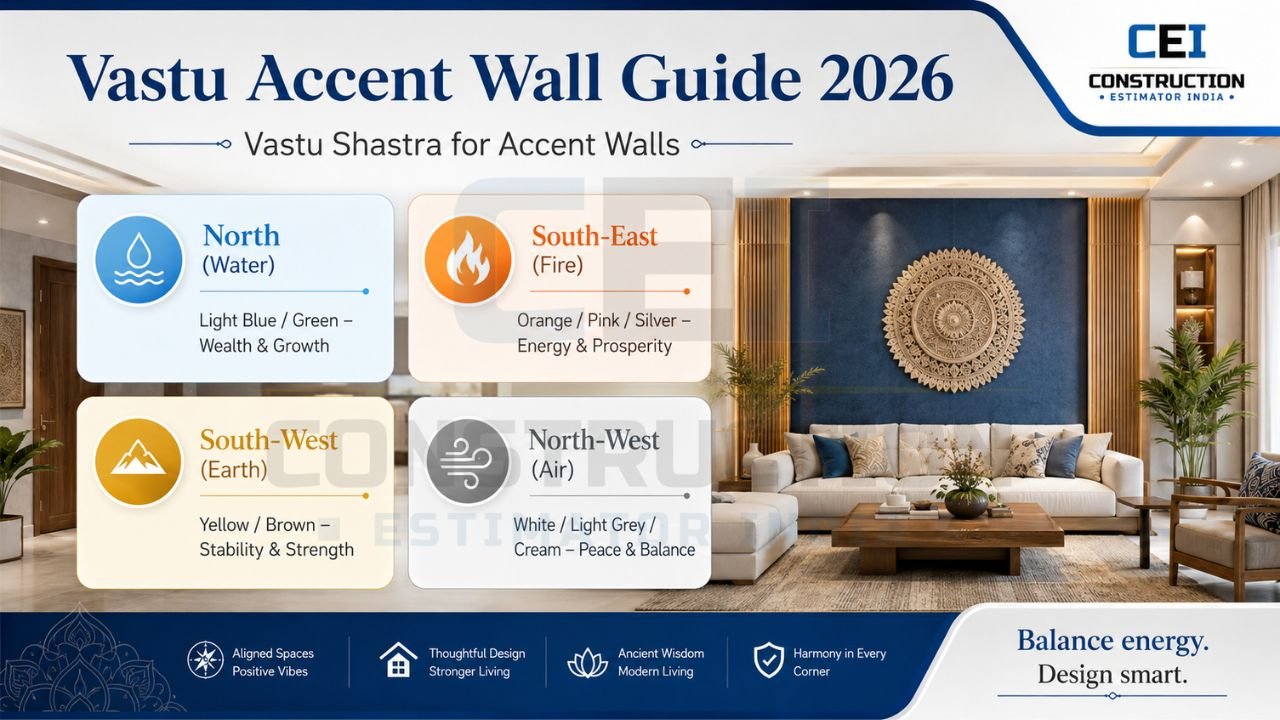 Vastu Shastra accent wall color guide showing recommended colors for North, South-East, South-West, and North-West directions