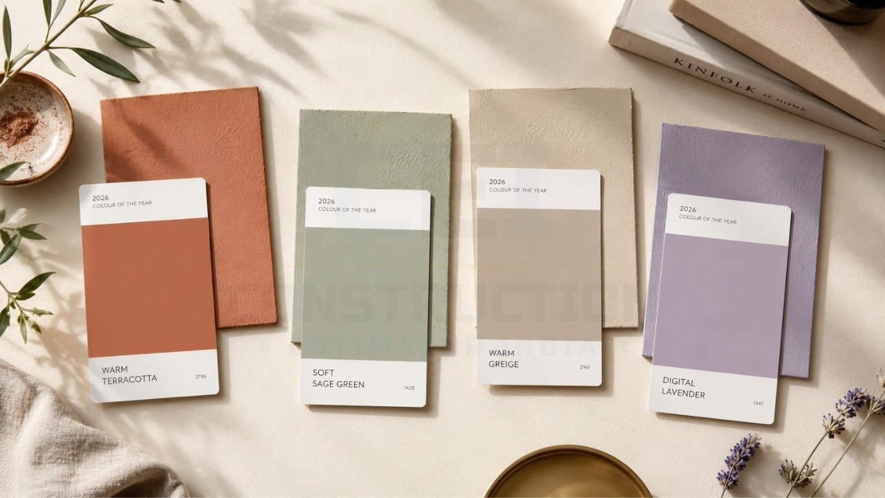 Interior color palette trends 2026 with terracotta, sage green, greige, and lavender