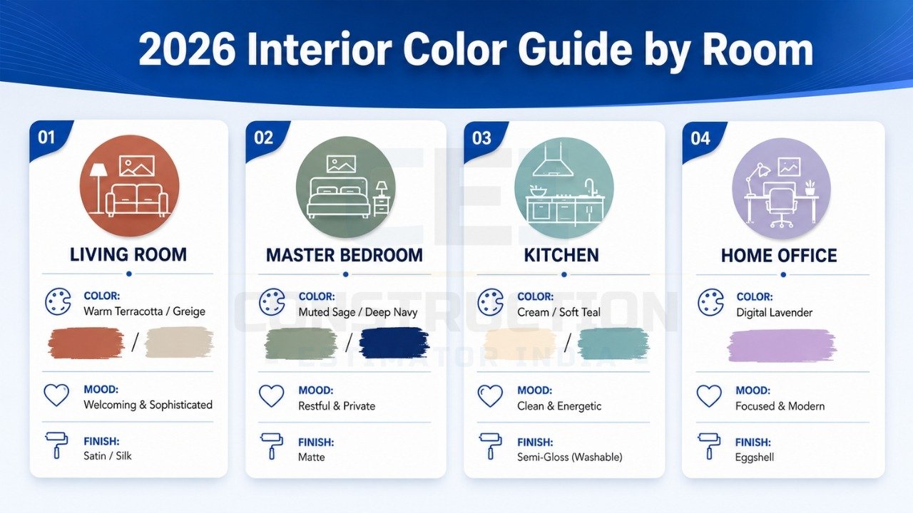 2026 interior color guide by room with living room, bedroom, kitchen, and office palettes