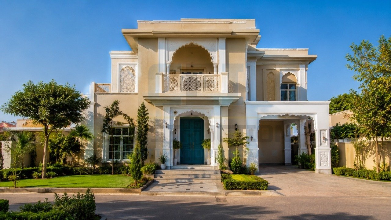 Modern luxury home exterior with arched balcony, landscaped garden, and driveway