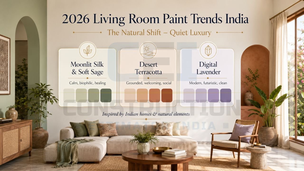 Modern Indian living room paint color trends featuring soft sage, terracotta, and lavender palettes
