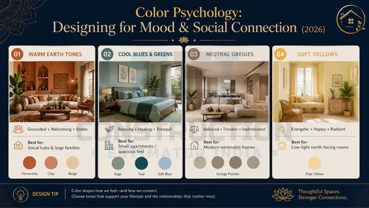 Interior design color psychology infographic showing earth tones, blues, greige palettes, and soft yellows