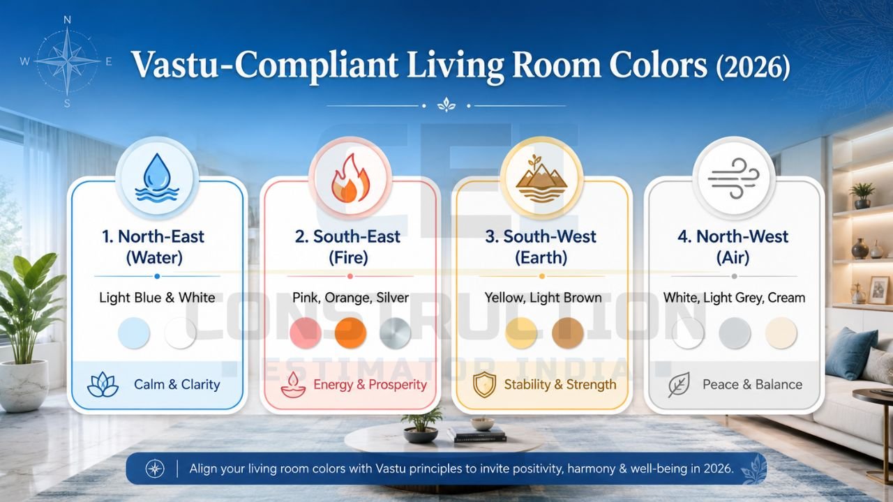 Vastu color guide for living rooms showing North-East, South-East, South-West, and North-West color recommendations