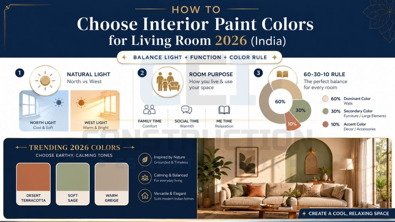 Interior paint color selection guide for Indian living rooms showing lighting, room purpose, and color balance rules