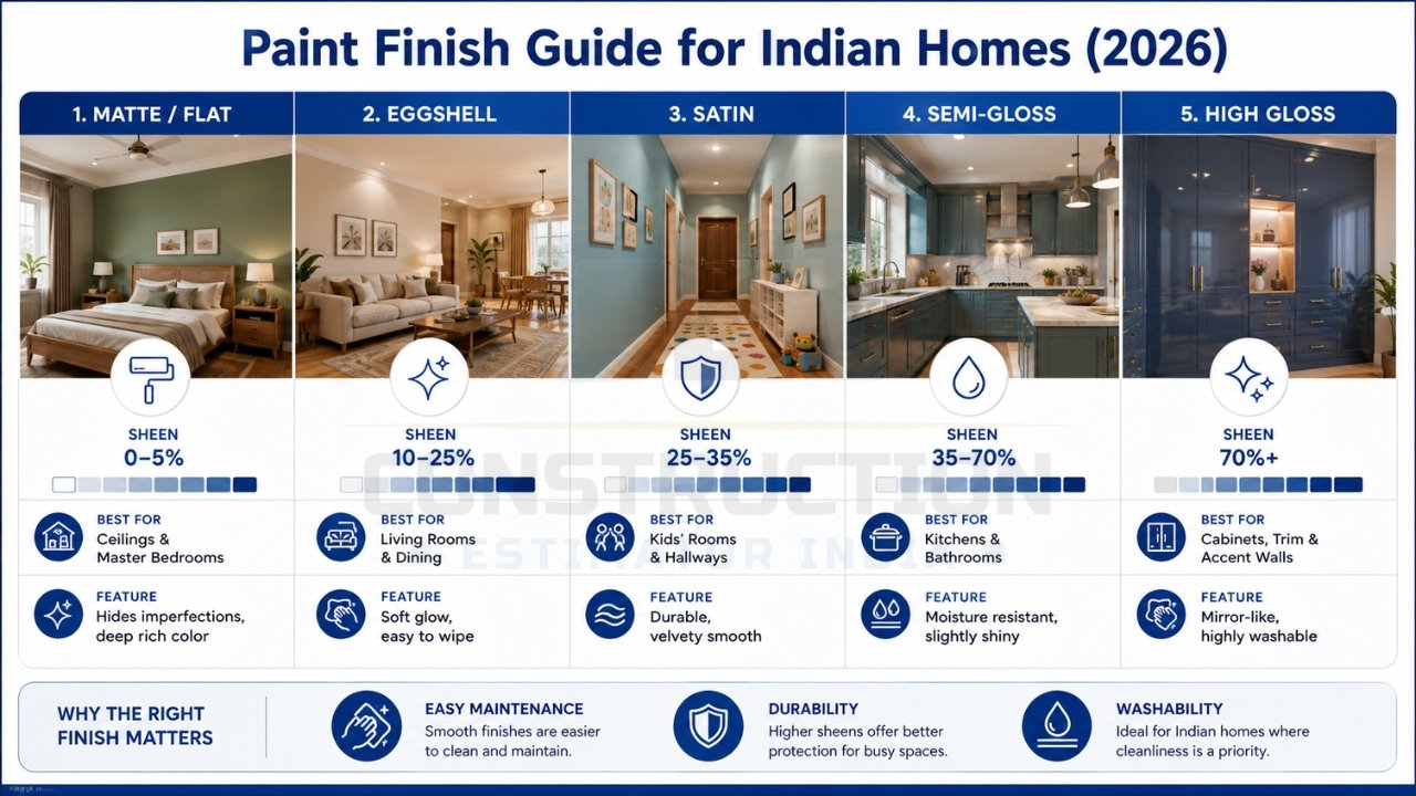 Paint finish guide India 2026 showing matte, eggshell, satin, semi-gloss, and high-gloss with sheen levels and best uses
